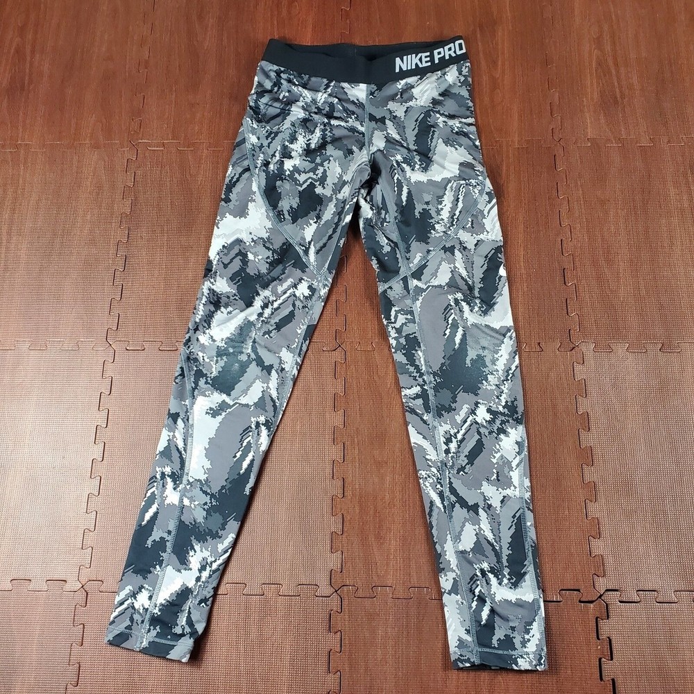 Nike Pro Girls Size Large Leggings Full Length Black Grey White Camo GUC